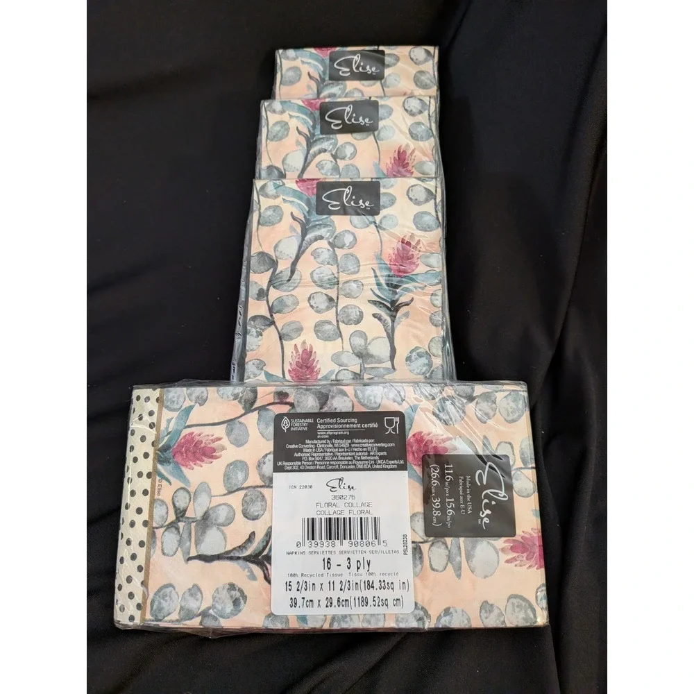 LOT OF 4 SETS Elise Floral Collage Napkins Cocktail,‎ Guest Towl & Dinner Napkin